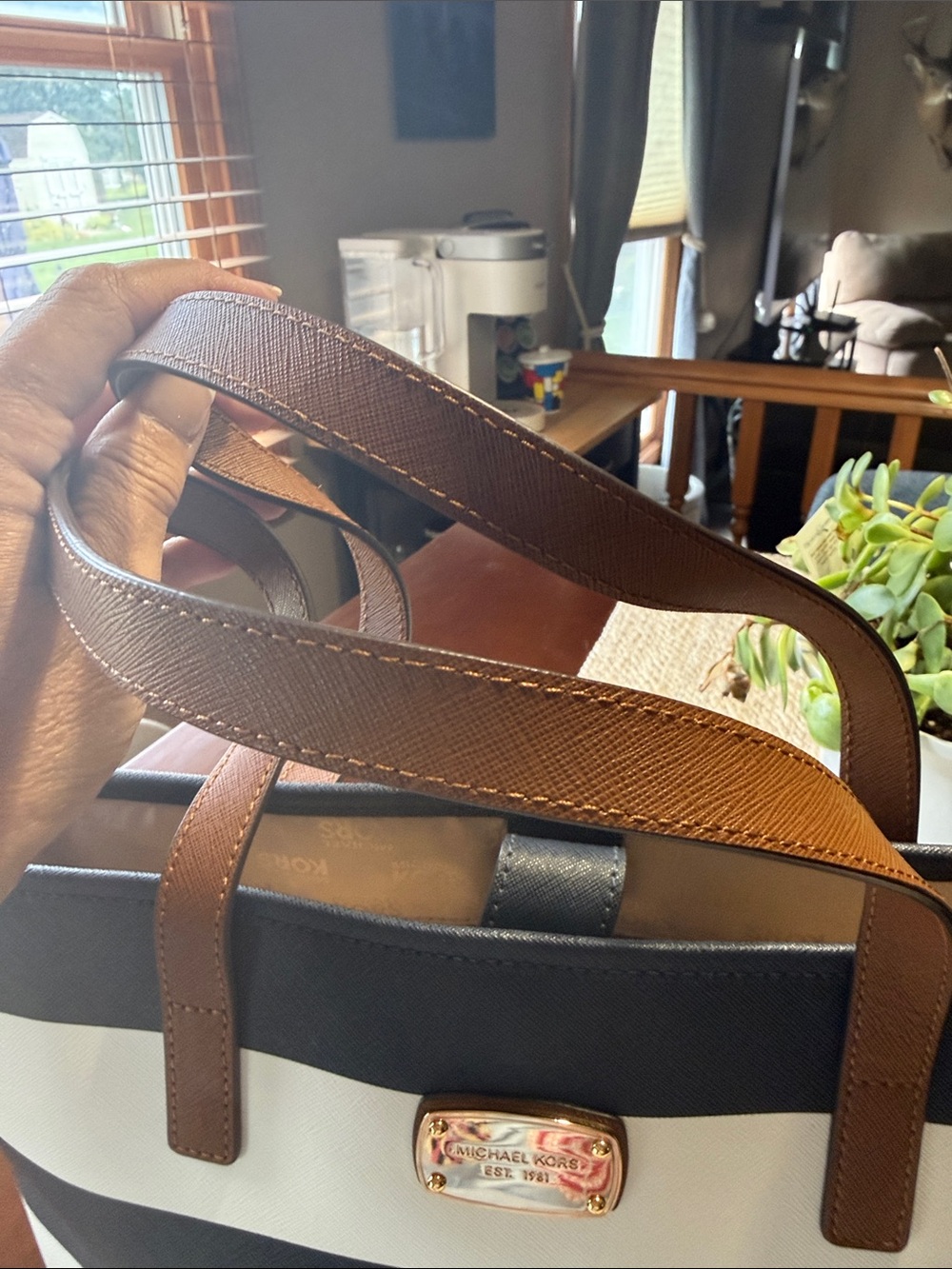 Michael Kors Navy and White Striped Tote with Brown Handles - Picture 3 of 10